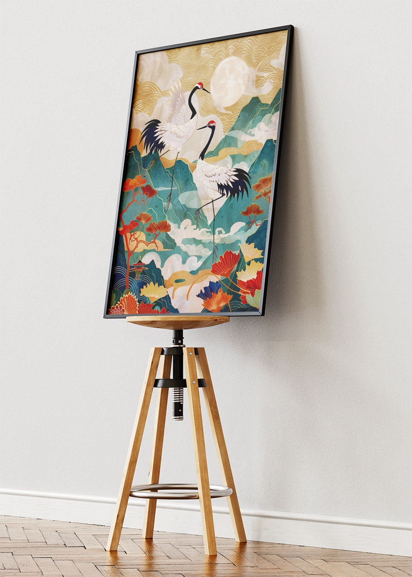 Japanese Crane Art Poster & Canvas Print – Elegant Washi-Style Mountain Landscape