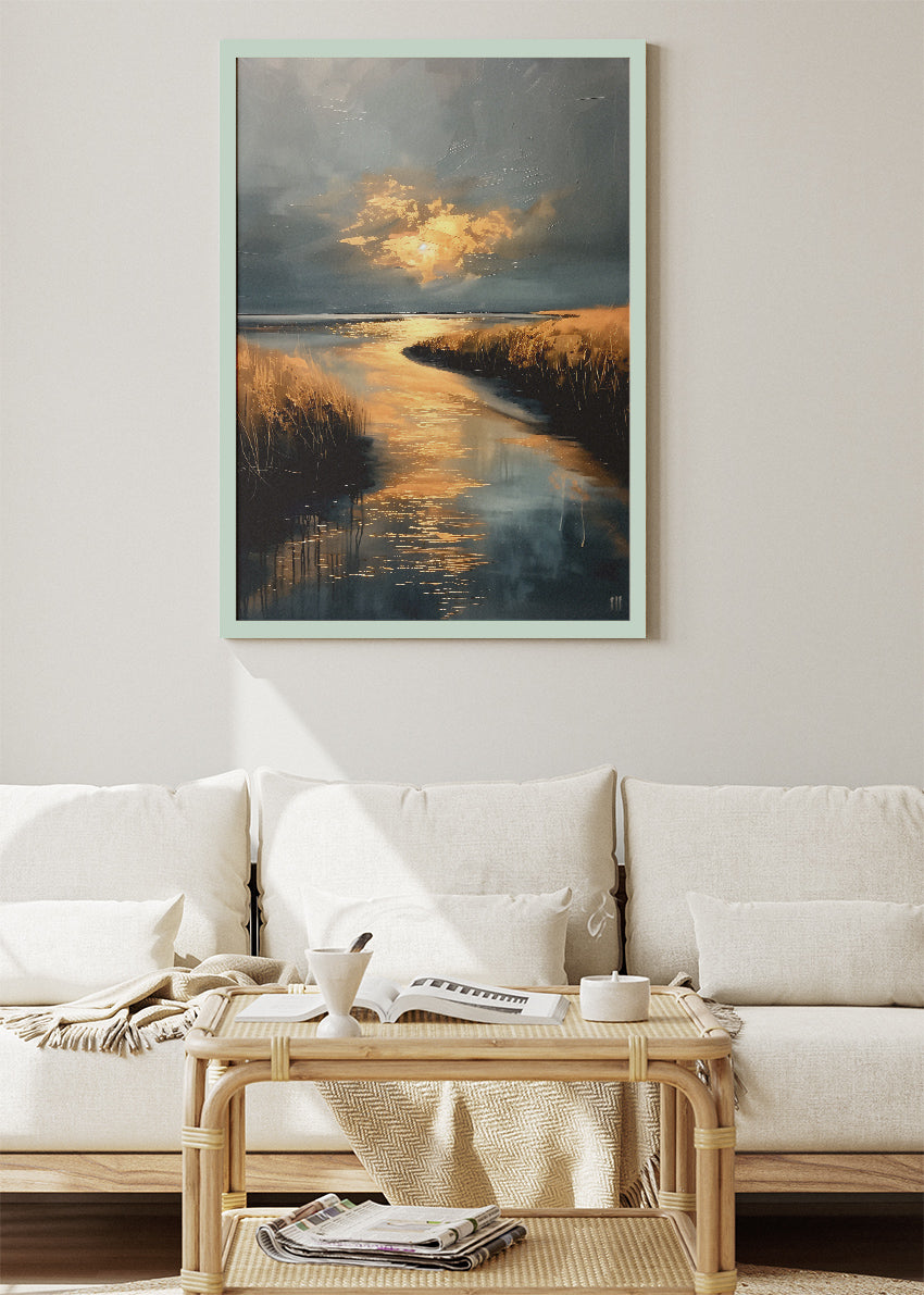 Golden River Glow – Moody Sunset Waterscape Canvas & Poster Print – AI PRINT LAB