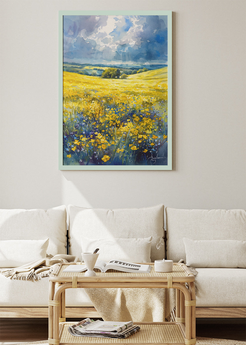 Golden Wildflower Fields – Bright Countryside Landscape Canvas & Poster Print – AI PRINT LAB