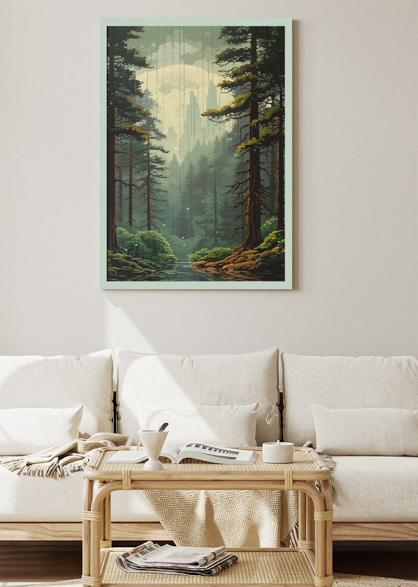 Mystical Pine Forest River Landscape Canvas & Poster Print – AI PRINT LAB