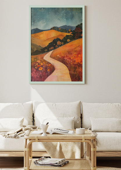 Autumn Pathway Hills – Warm Countryside Landscape Canvas & Poster Print – AI PRINT LAB