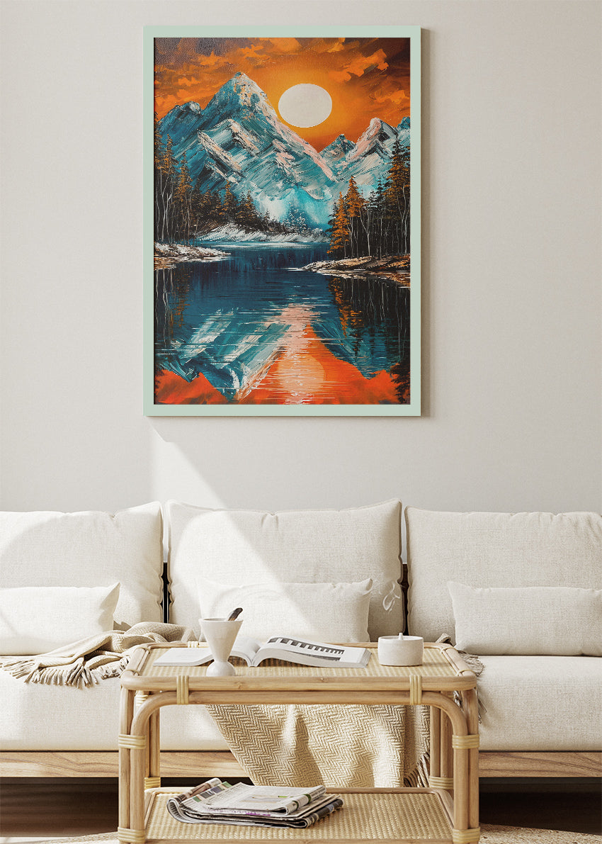 Snowy Mountain Lake at Sunset – Bold Alpine Landscape Wall Art Poster & Canvas – AI PRINT LAB