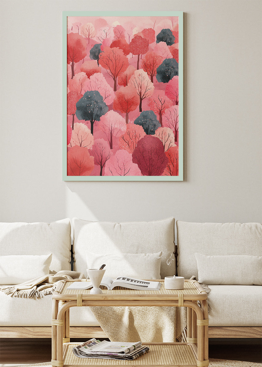 Pink Forest Wall Art – Blush Woodland Canvas Print & Modern Pastel Tree Poster for Bedroom and Living Room Decor UK