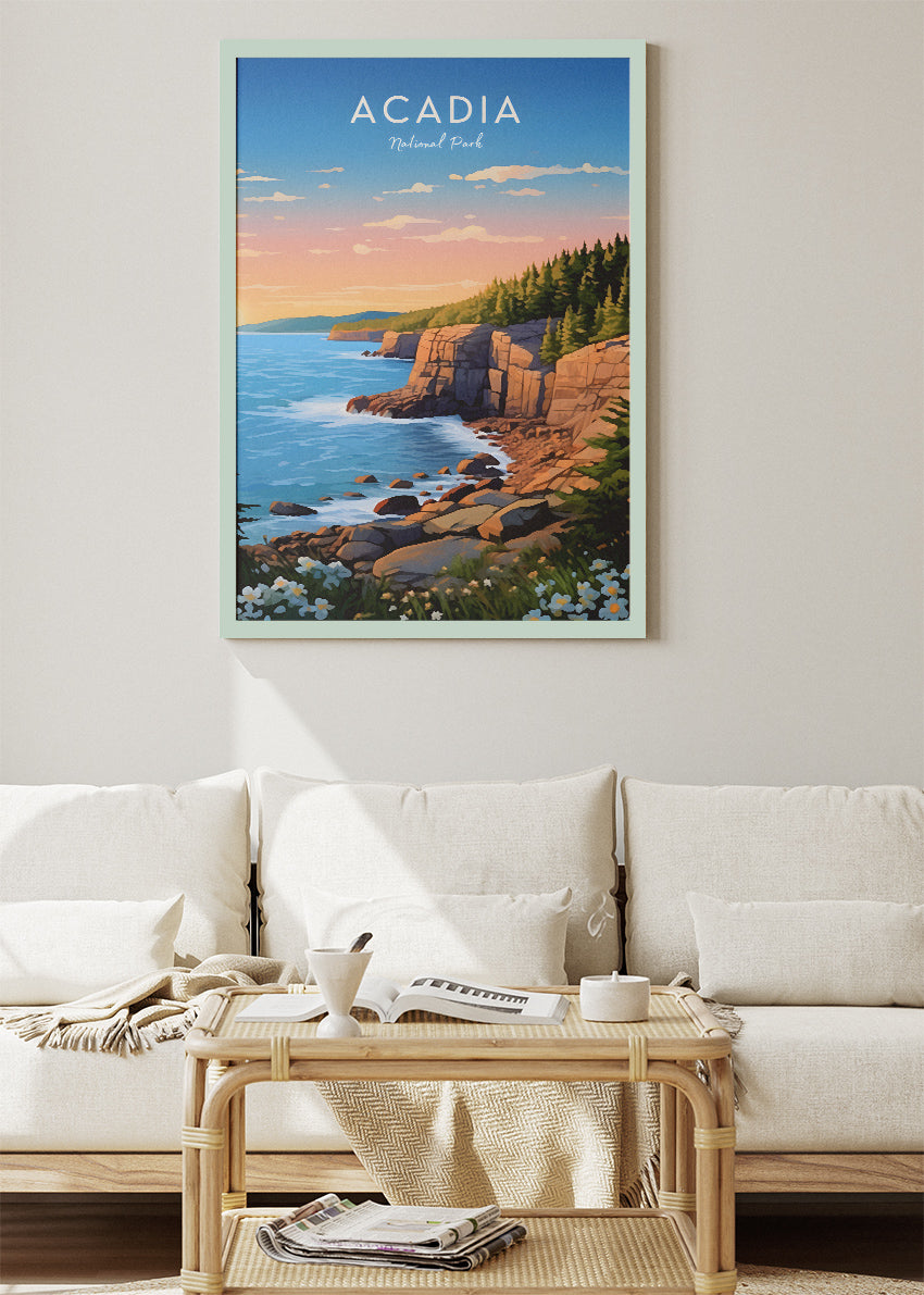Acadia National Park Poster & Canvas Print – Coastal Cliff Sunrise Illustration Wall Art