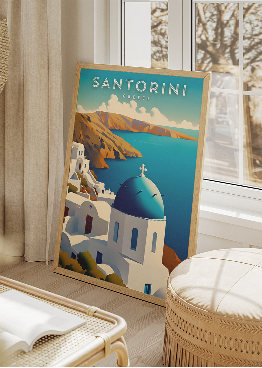 Santorini Greece Blue Dome Poster & Canvas Print – Greek Island Caldera View Art