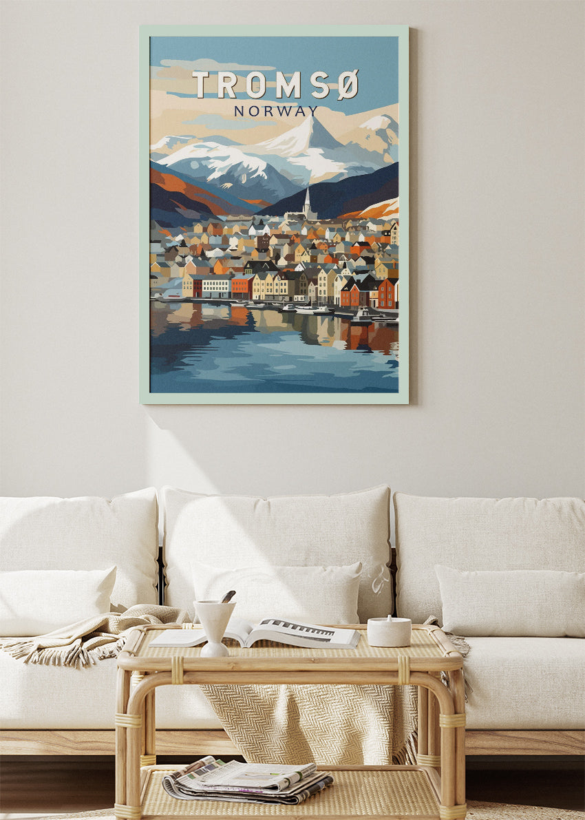 Tromsø Norway Poster & Canvas Print – Modern Illustrated Arctic Mountain Harbour Art