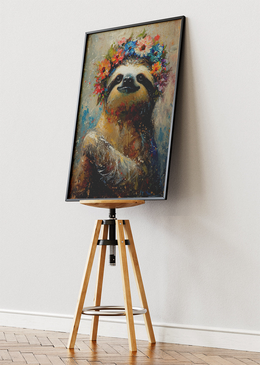 Boho Floral Sloth Poster & Canvas Print – Whimsical Animal Art Illustration