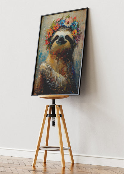 Boho Floral Sloth Poster & Canvas Print – Whimsical Animal Art Illustration
