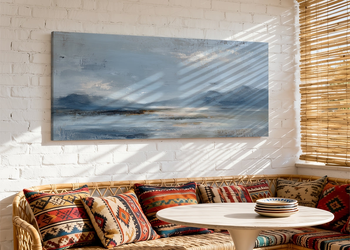 Calm Blue Horizon Mountain Landscape Canvas Wall Art – Single & 3 Panel Canvas – AI PRINT LAB