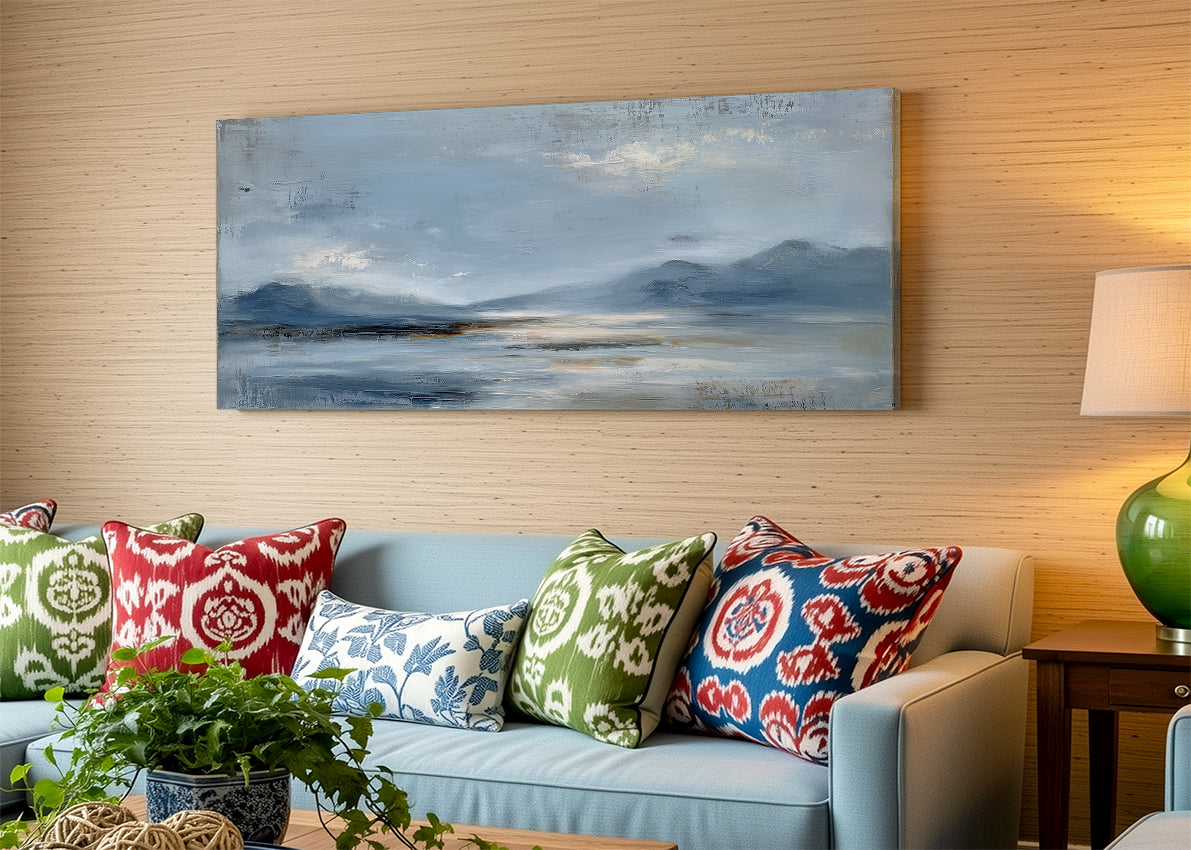 Calm Blue Horizon Mountain Landscape Canvas Wall Art – Single & 3 Panel Canvas – AI PRINT LAB