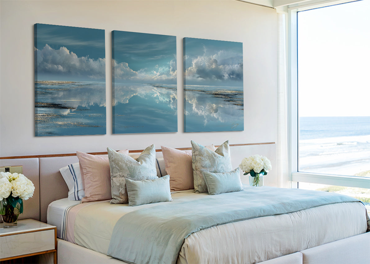Calm Horizon Reflection Canvas Wall Art – Single & 3 Panel Split – AI PRINT LAB