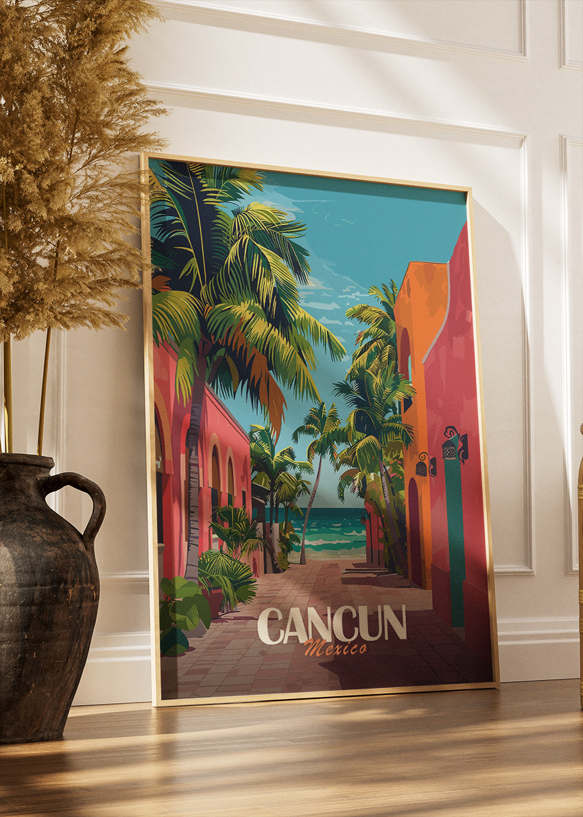 Cancun Mexico Poster & Canvas Print – Illustrated Tropical Street & Beach Art