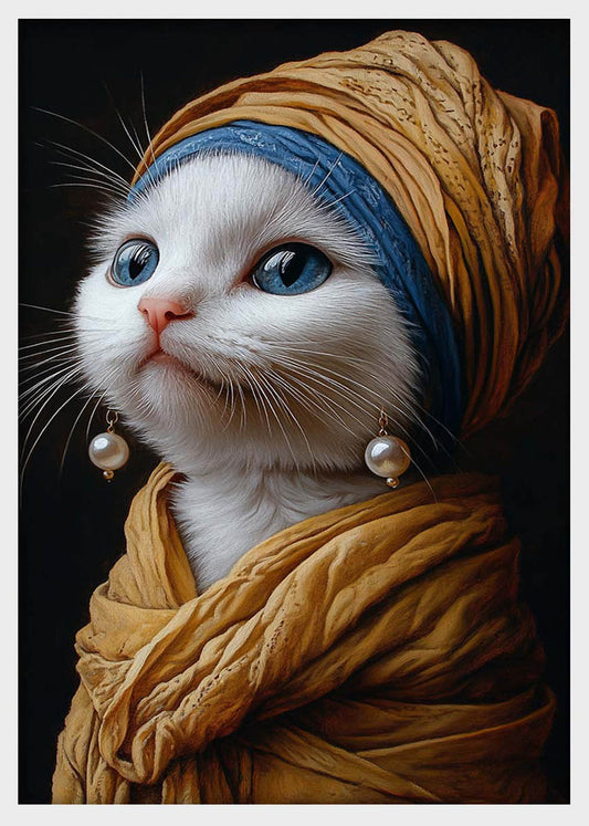 Cat with Pearl Earring – Renaissance Style White Cat Canvas & Poster Wall Art – T1297 – AiPrintLab