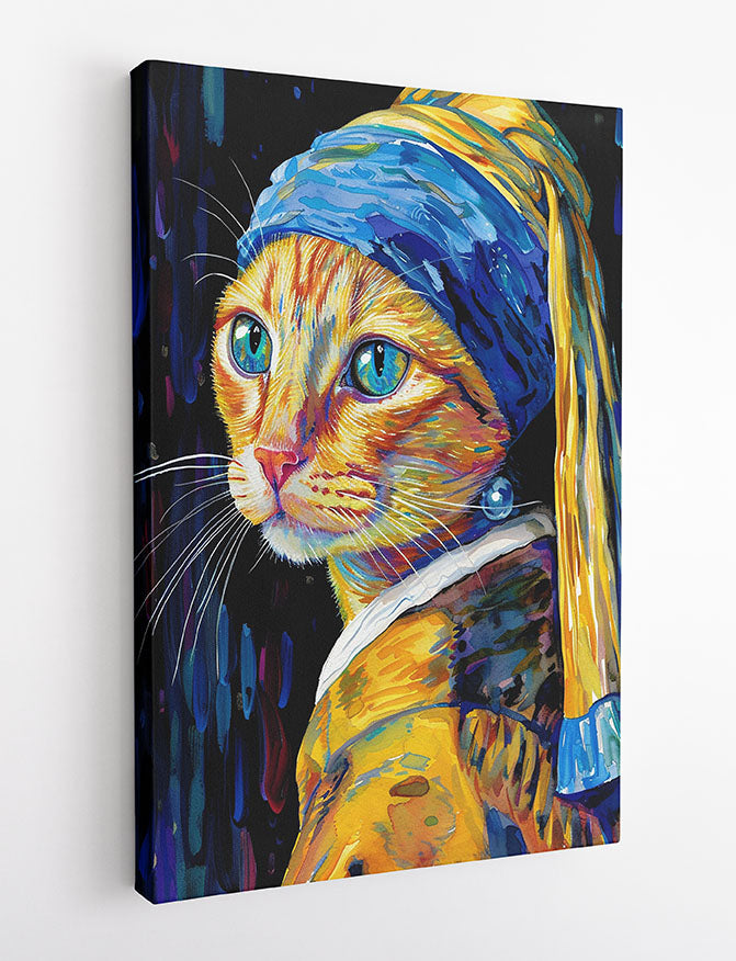 Cat with the Pearl Earring – Whimsical Animal Portrait Canvas & Poster Wall Art – T1016 – AiPrintLab