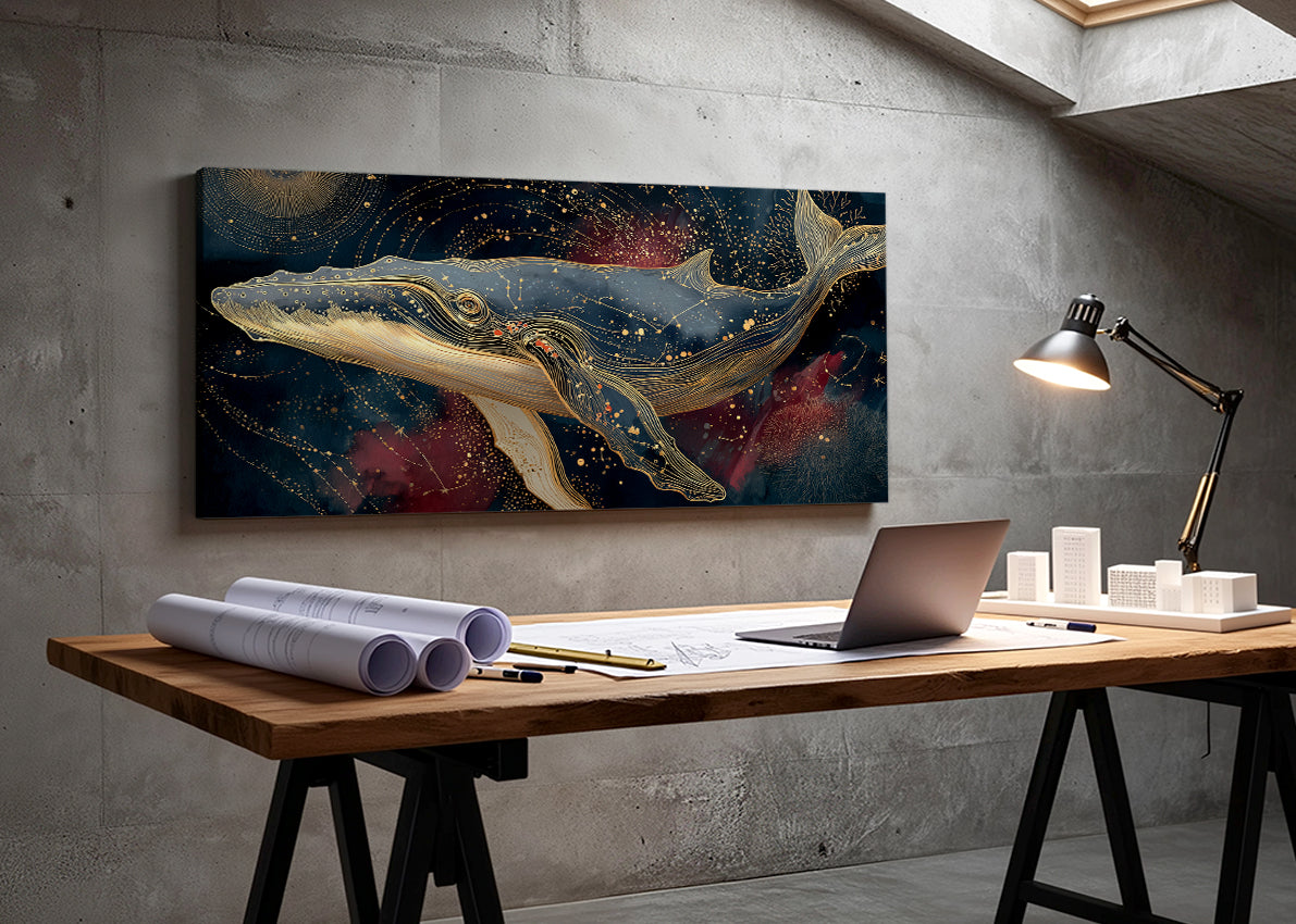 Celestial Golden Whale Canvas Wall Art – Single & 3 Panel Split – AI PRINT LAB