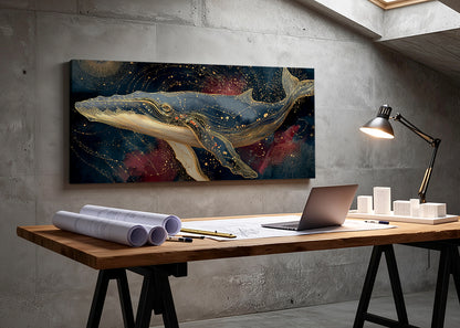 Celestial Golden Whale Canvas Wall Art – Single & 3 Panel Split – AI PRINT LAB