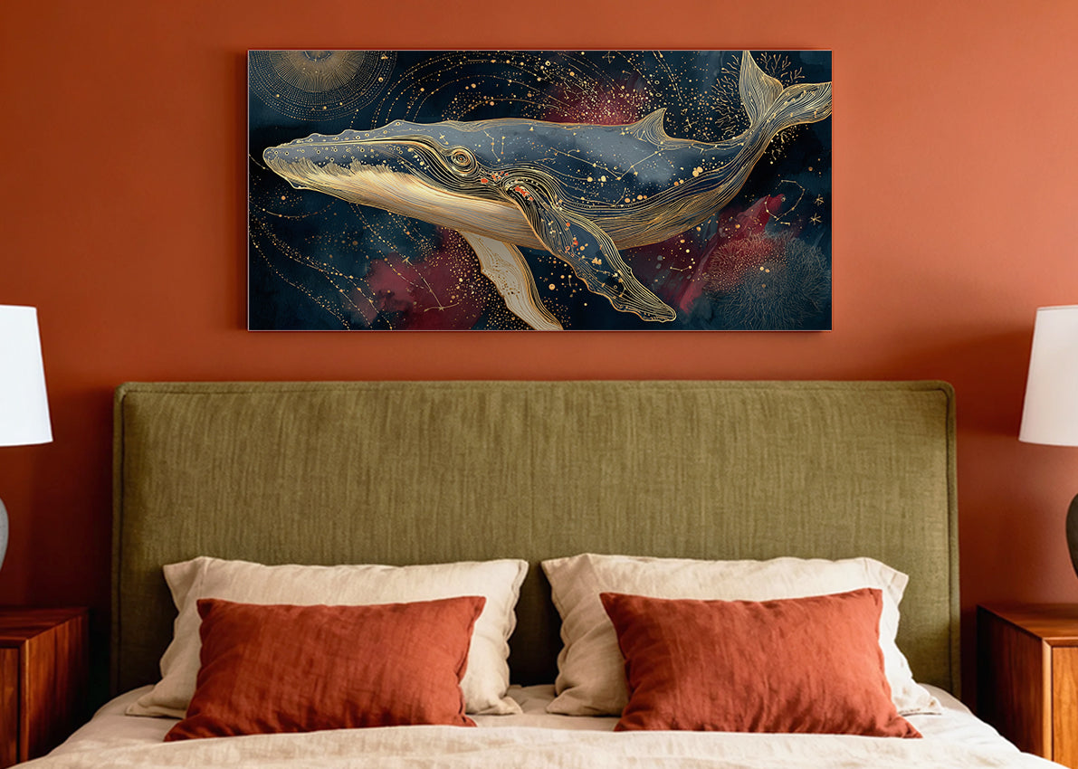 Celestial Golden Whale Canvas Wall Art – Single & 3 Panel Split – AI PRINT LAB