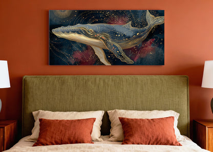 Celestial Golden Whale Canvas Wall Art – Single & 3 Panel Split – AI PRINT LAB