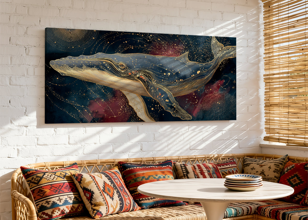 Celestial Golden Whale Canvas Wall Art – Single & 3 Panel Split – AI PRINT LAB