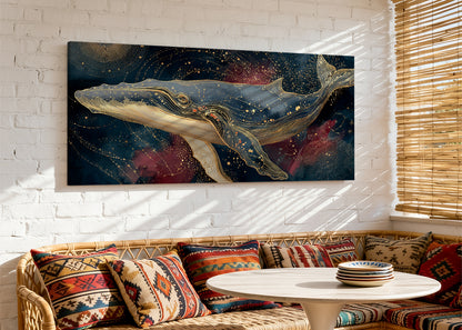 Celestial Golden Whale Canvas Wall Art – Single & 3 Panel Split – AI PRINT LAB