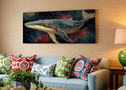 Celestial Golden Whale Canvas Wall Art – Single & 3 Panel Split – AI PRINT LAB