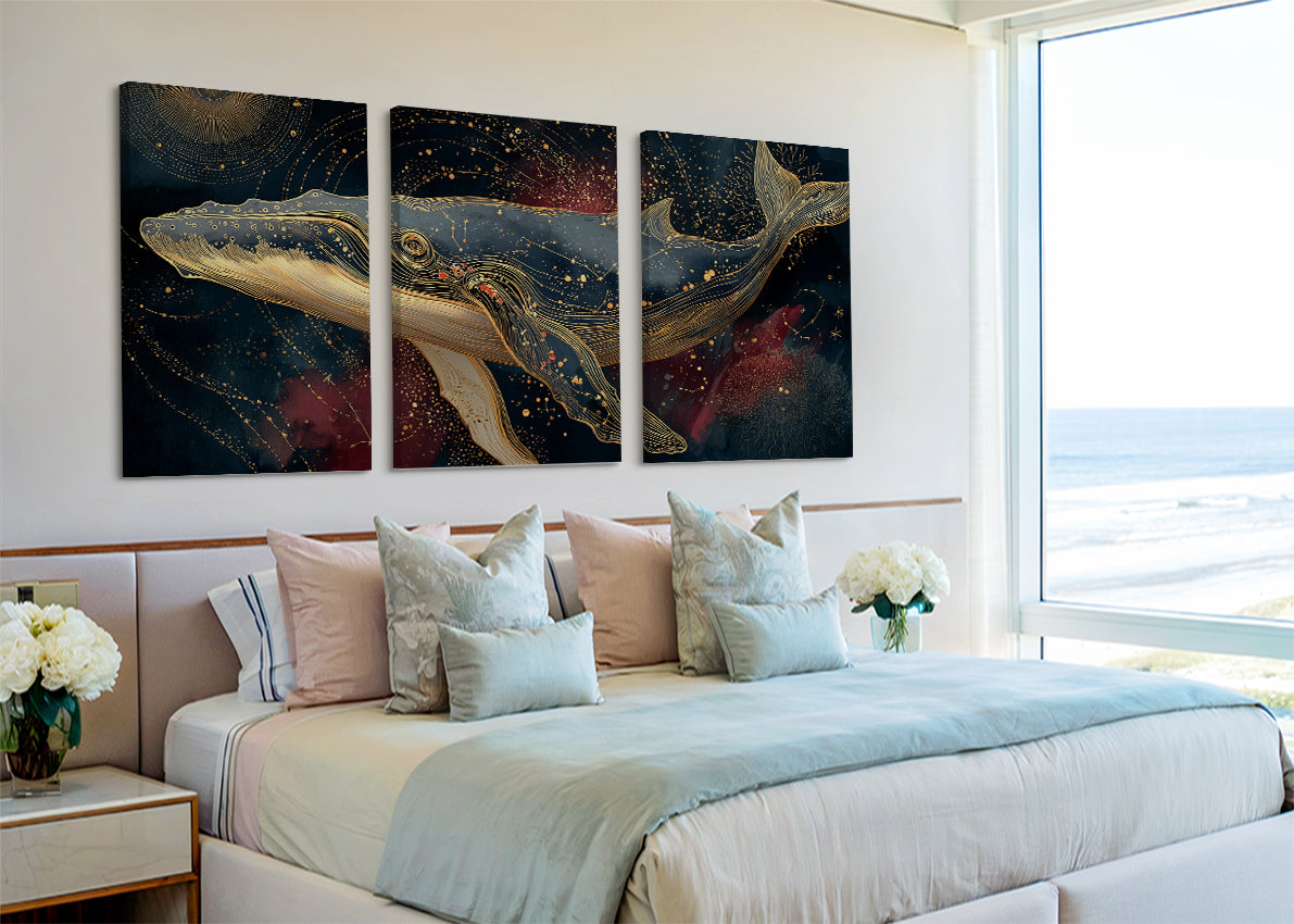 Celestial Golden Whale Canvas Wall Art – Single & 3 Panel Split – AI PRINT LAB