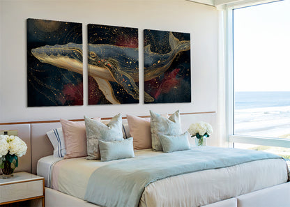 Celestial Golden Whale Canvas Wall Art – Single & 3 Panel Split – AI PRINT LAB