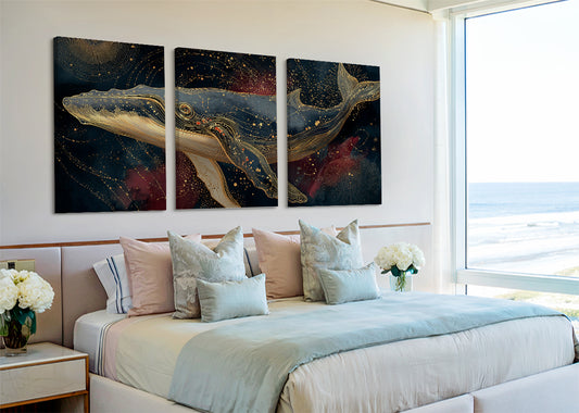 Celestial Golden Whale Canvas Wall Art – Single & 3 Panel Split – AI PRINT LAB