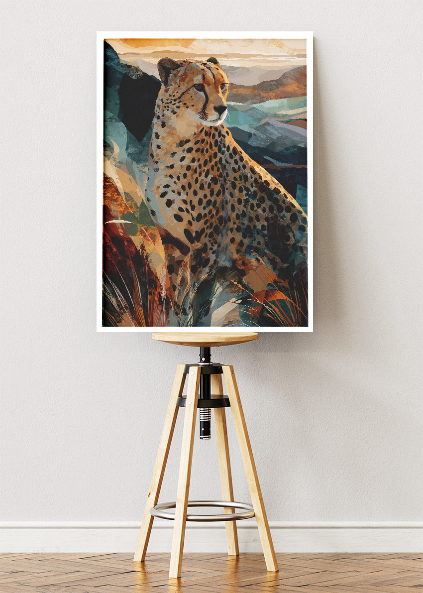 Cheetah Mountain Landscape Wall Art Poster & Canvas Print – Modern Wildlife Illustration