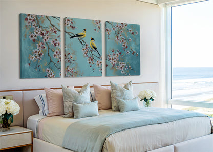 Cherry Blossom Birds Canvas Wall Art – Elegant Spring Nature Painting – Single & 3 Panel Canvas – AI PRINT LAB