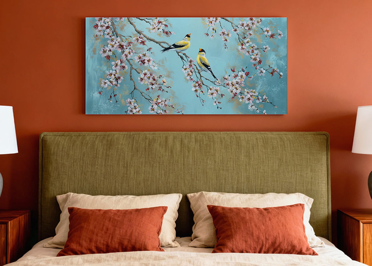 Cherry Blossom Birds Canvas Wall Art – Elegant Spring Nature Painting – Single & 3 Panel Canvas – AI PRINT LAB