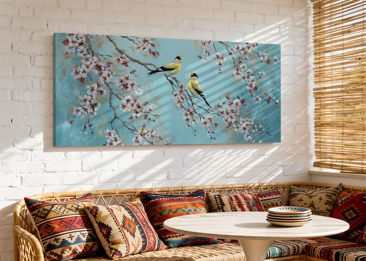 Cherry Blossom Birds Canvas Wall Art – Elegant Spring Nature Painting – Single & 3 Panel Canvas – AI PRINT LAB
