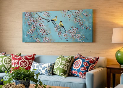 Cherry Blossom Birds Canvas Wall Art – Elegant Spring Nature Painting – Single & 3 Panel Canvas – AI PRINT LAB