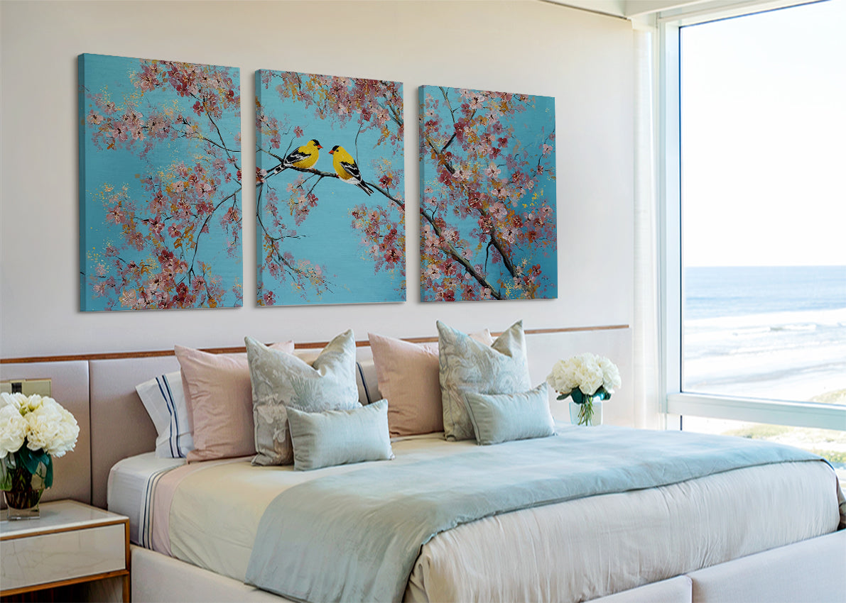 Cherry Blossom Birds Canvas Wall Art – Romantic Spring Nature Painting – Single & 3 Panel Canvas – AI PRINT LAB