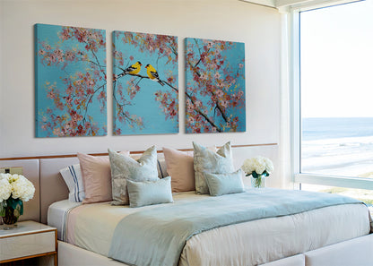 Cherry Blossom Birds Canvas Wall Art – Romantic Spring Nature Painting – Single & 3 Panel Canvas – AI PRINT LAB