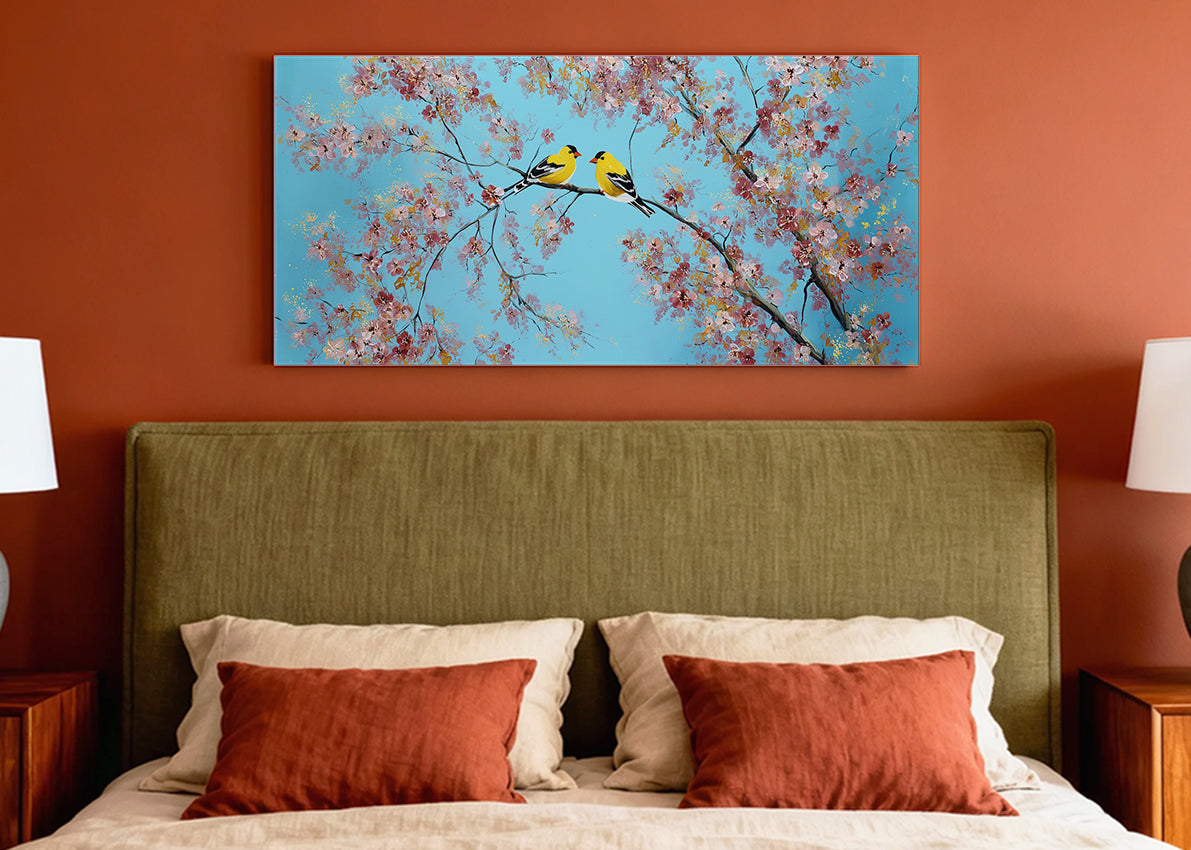 Cherry Blossom Birds Canvas Wall Art – Romantic Spring Nature Painting – Single & 3 Panel Canvas – AI PRINT LAB