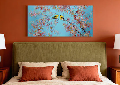 Cherry Blossom Birds Canvas Wall Art – Romantic Spring Nature Painting – Single & 3 Panel Canvas – AI PRINT LAB