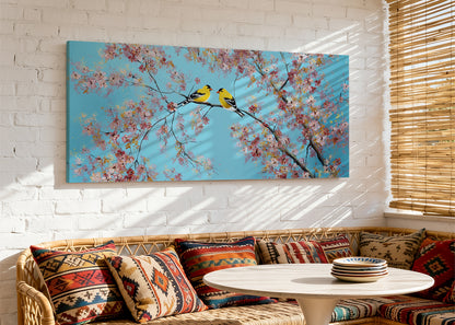 Cherry Blossom Birds Canvas Wall Art – Romantic Spring Nature Painting – Single & 3 Panel Canvas – AI PRINT LAB