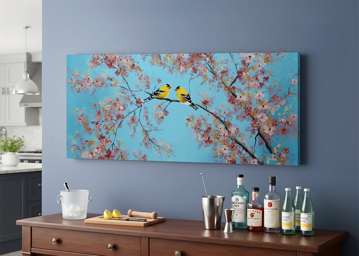 Cherry Blossom Birds Canvas Wall Art – Romantic Spring Nature Painting – Single & 3 Panel Canvas – AI PRINT LAB