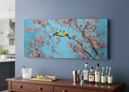 Cherry Blossom Birds Canvas Wall Art – Romantic Spring Nature Painting – Single & 3 Panel Canvas – AI PRINT LAB