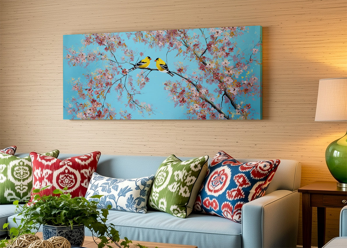 Cherry Blossom Birds Canvas Wall Art – Romantic Spring Nature Painting – Single & 3 Panel Canvas – AI PRINT LAB