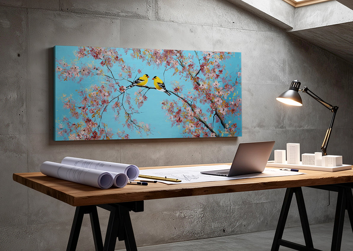 Cherry Blossom Birds Canvas Wall Art – Romantic Spring Nature Painting – Single & 3 Panel Canvas – AI PRINT LAB