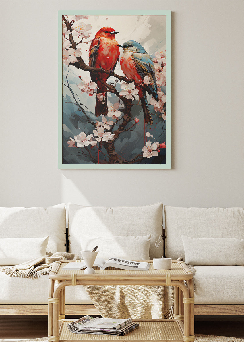 Cherry Blossom Birds Wall Art Print & Canvas – Elegant Floral Nature Artwork
