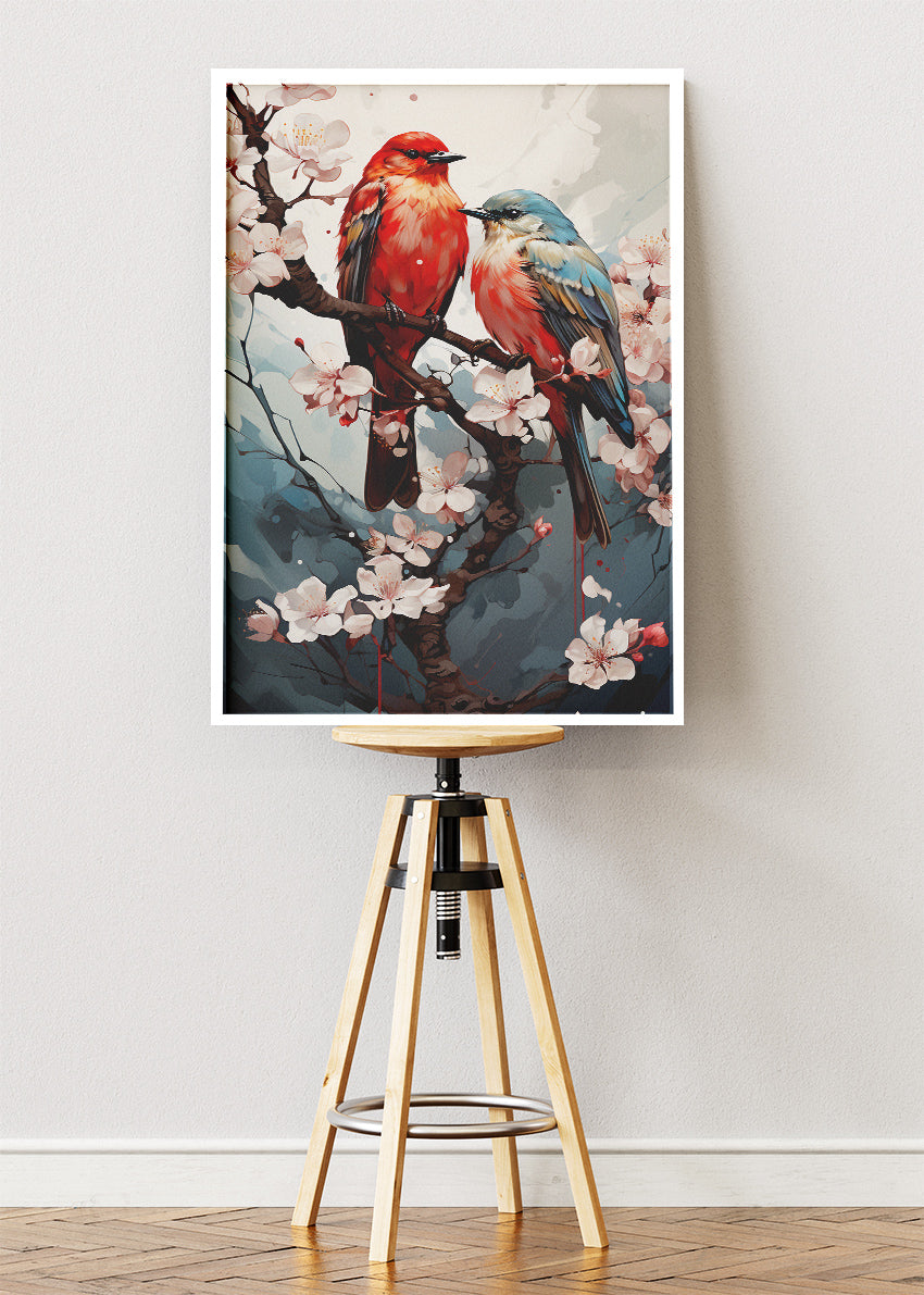 Cherry Blossom Birds Wall Art Print & Canvas – Elegant Floral Nature Artwork