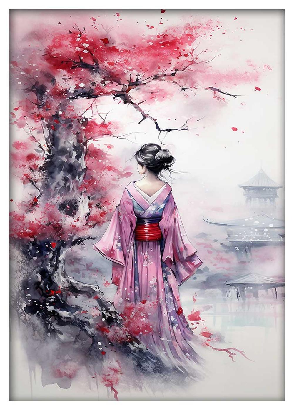 Cherry Blossom Geisha Canvas Art & Poster – T635 – AiPrintLab
