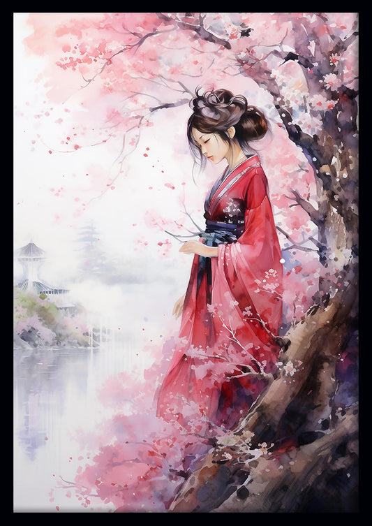 Cherry Blossom Geisha Watercolor Poster & Canvas Print – T553 – AiPrintLab