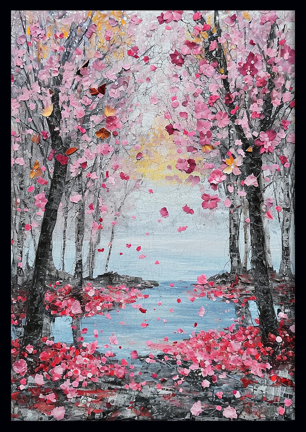 Cherry Blossom Lake View – Pink Flower Tree Canvas Wall Art Print – T1167 – AiPrintLab