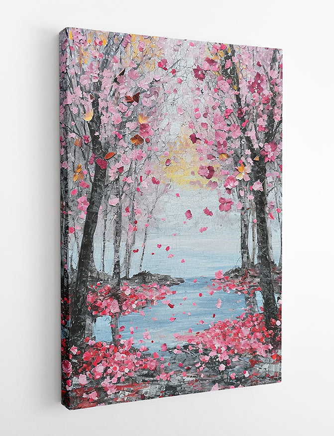Cherry Blossom Lake View – Pink Flower Tree Canvas Wall Art Print – T1167 – AiPrintLab