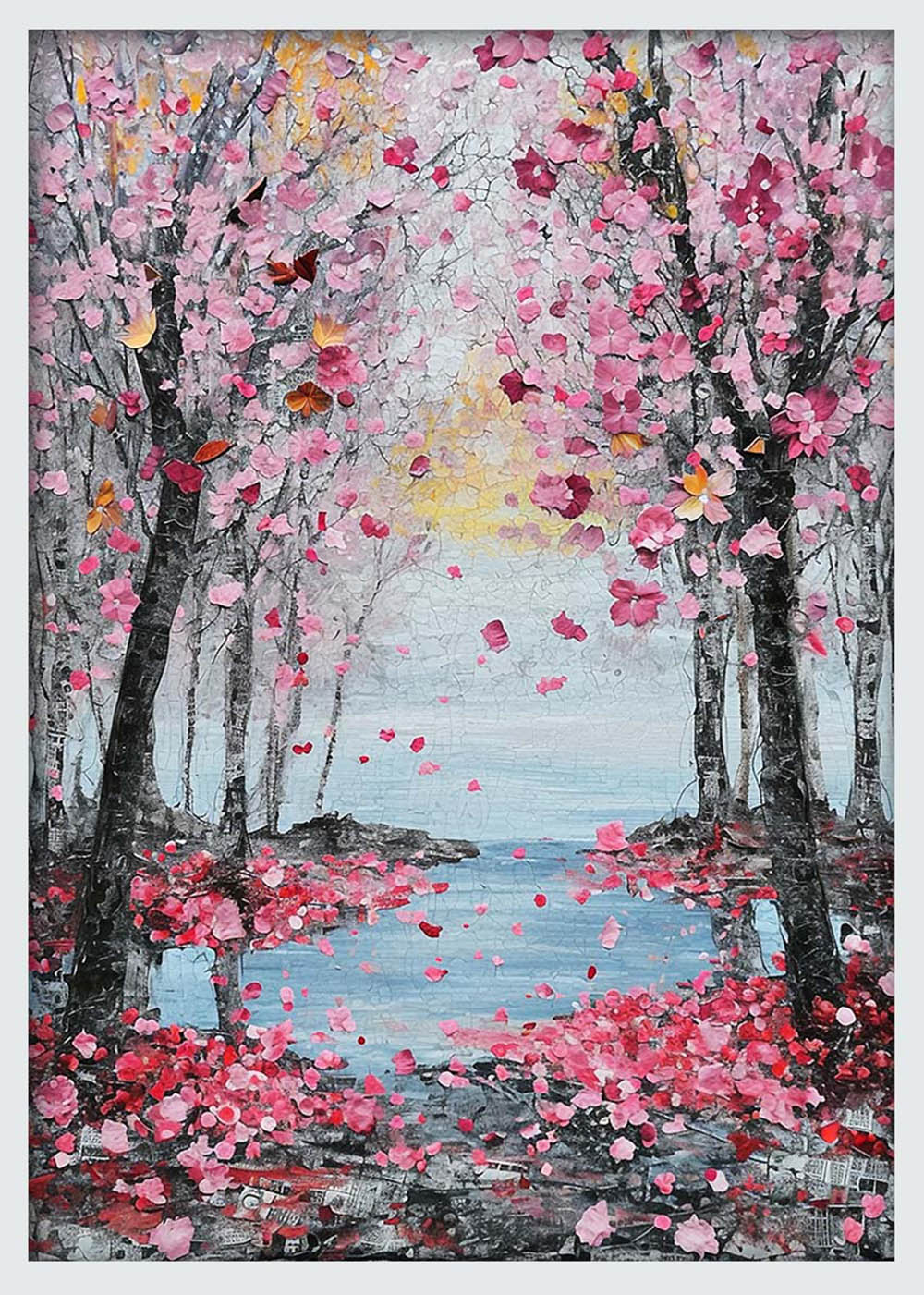Cherry Blossom Lake View – Pink Flower Tree Canvas Wall Art Print – T1167 – AiPrintLab