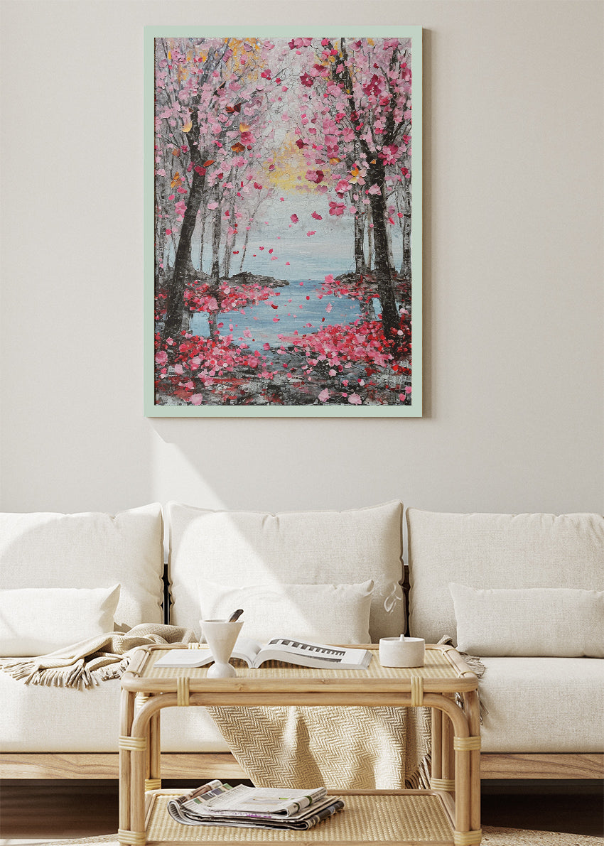 Cherry Blossom Lake Wall Art – Pink Sakura Trees Canvas Print & Romantic Nature Landscape Poster for Living Room Decor UK